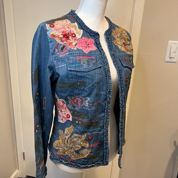 Chico's Beaded & Sequined Patchwork Denim Jacket, Size 0 (US Small/4) - Picture 3 of 15